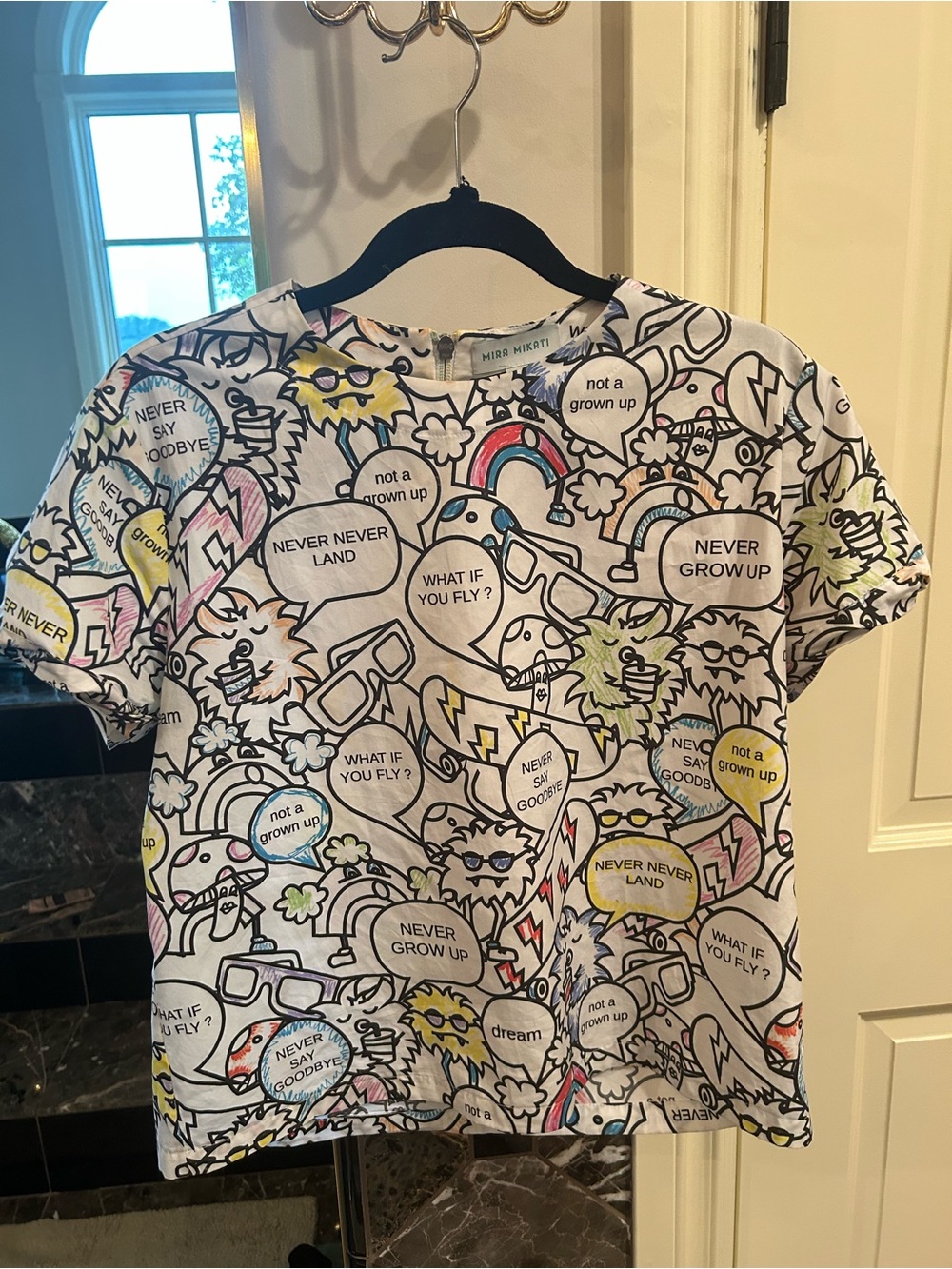 Mira Mikati White Graphic Tee with Multicolor Comic Prints S-M
